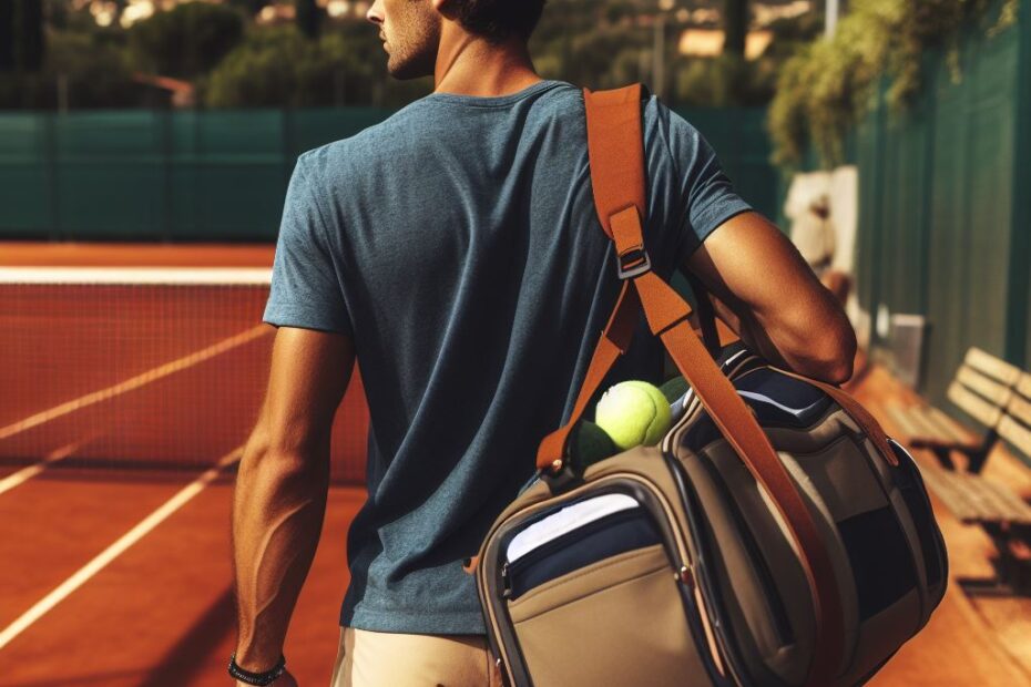 Tennisspieler mit Schläger und Tennistasche