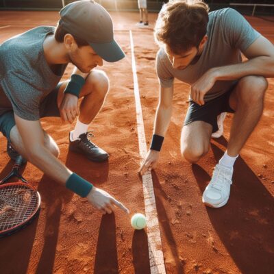 Tennisspieler diskutieren über Ballabdruck