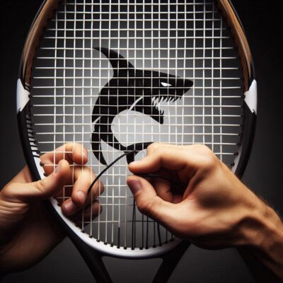 Tennisschläger beim Besaiten mit schwarzem Hai im Hintergrund
